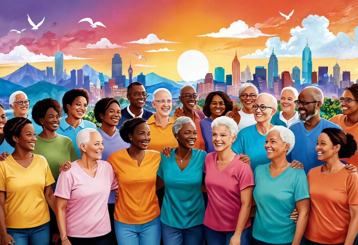 A heartwarming illustration depicting a diverse group of individuals at various stages of their cancer journey, from diagnosis to survivorship. Include elements like support groups, medical consultations, and joyful celebrations of life. Display a hopeful skyline in the background symbolizing resilience and recovery. Use vibrant colors to evoke positivity and warmth. super-realistic. vibrant colors.