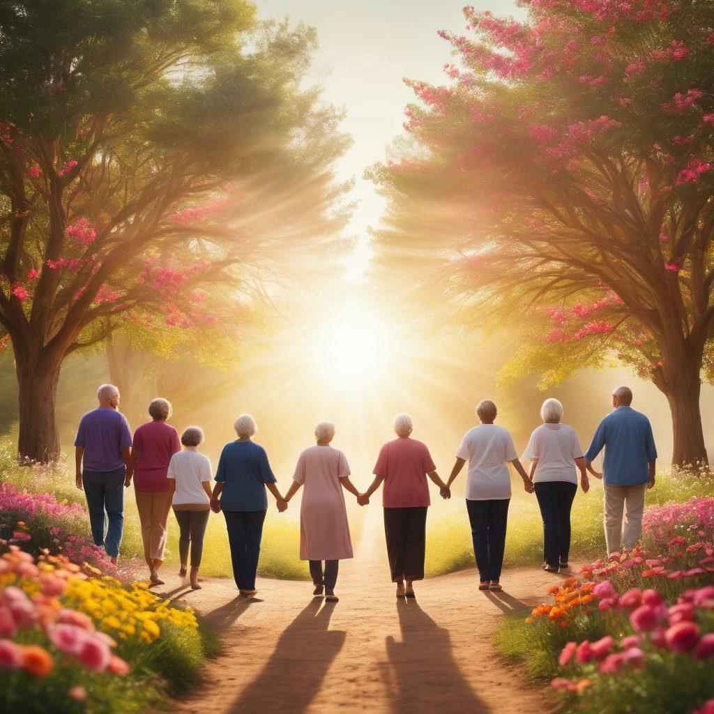 A serene landscape depicting a diverse group of cancer survivors and supporters, united in a circle, holding hands under a radiant sun, symbolizing hope and empowerment. In the background, a pathway represents the journey of awareness and research, lined with vibrant flowers. Artistic elements include inspirational quotes woven into the scenery. soft focus. warm tones. uplifting atmosphere.